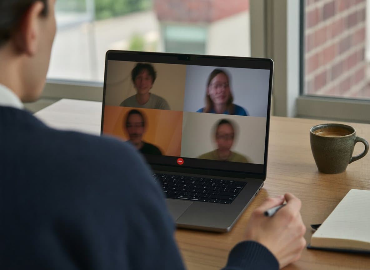 A person seen from behind takes part in a video call on a laptop